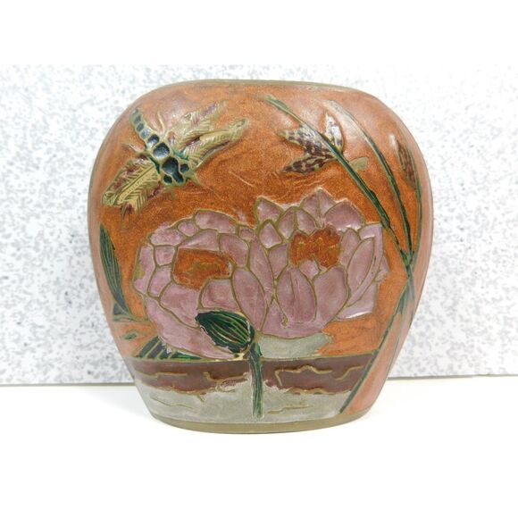 Vintage Closisonne Brass Vase Dragonfly Waterlily 4 in. Tall India - Picture 8 of 8